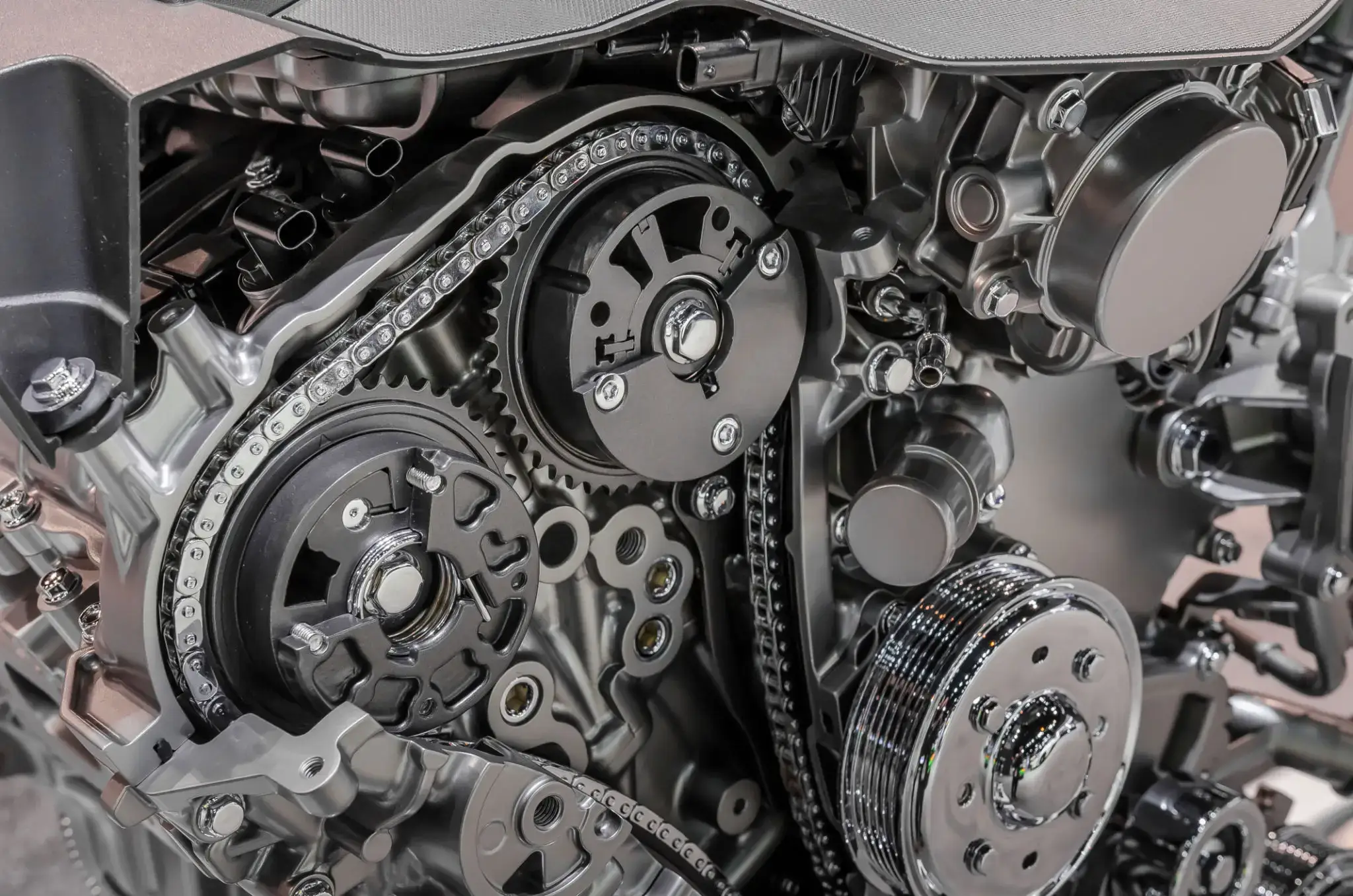 Close-up of a car engine's timing chain and gears.