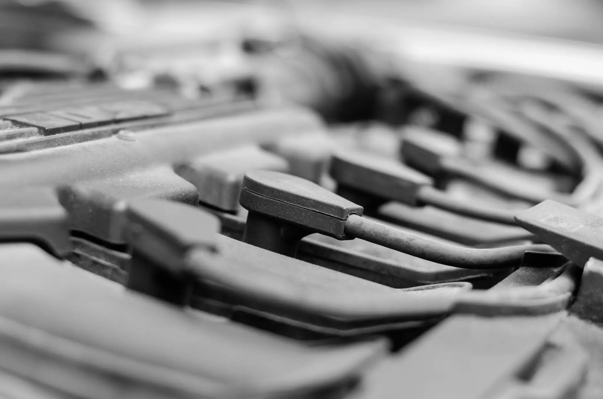 Close-up of piano keys in black and white.
