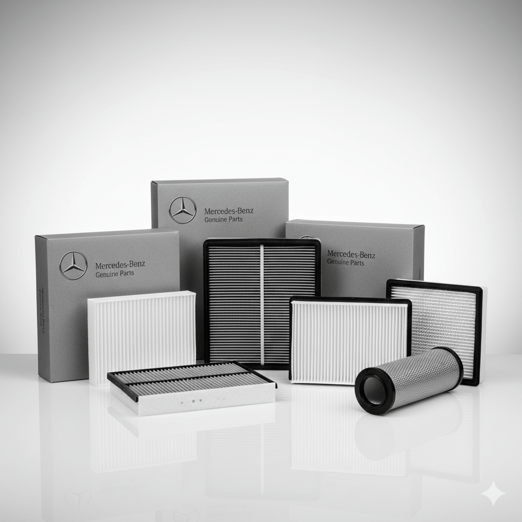 A set of various car air filters with Mercedes-Benz branding.