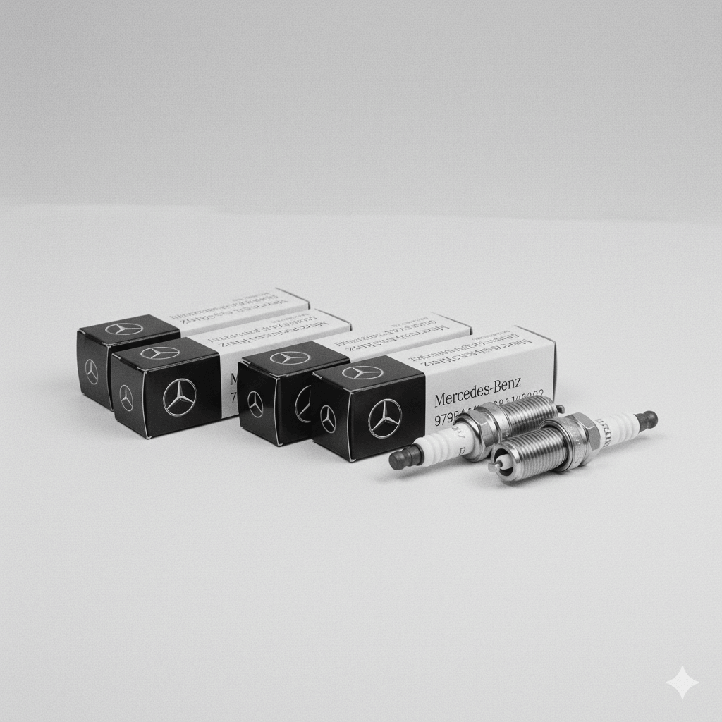 Three spark plugs and their black and white Mercedes-Benz boxes on a gray background.