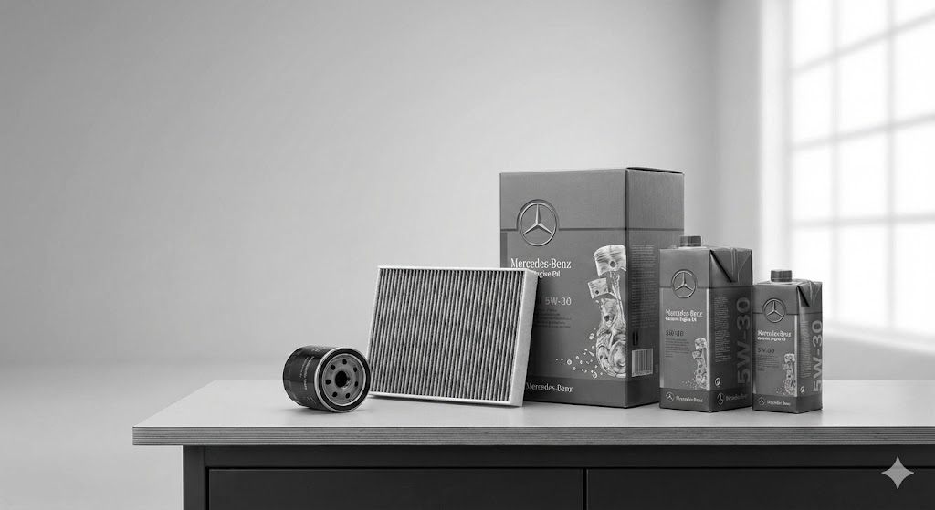 Car parts including a cabin air filter and oil filter on a table.
