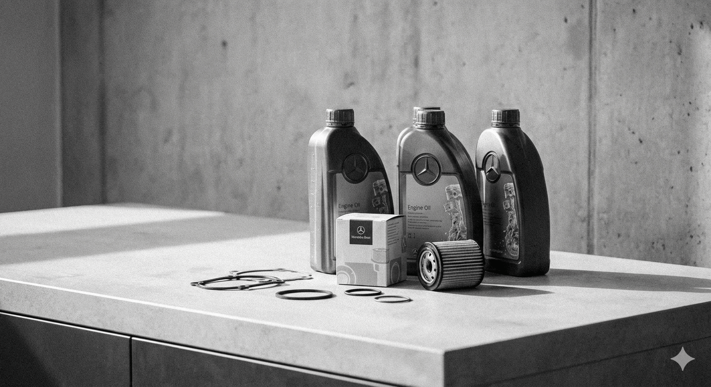 Motor oil containers and vehicle parts on a table in a workshop.