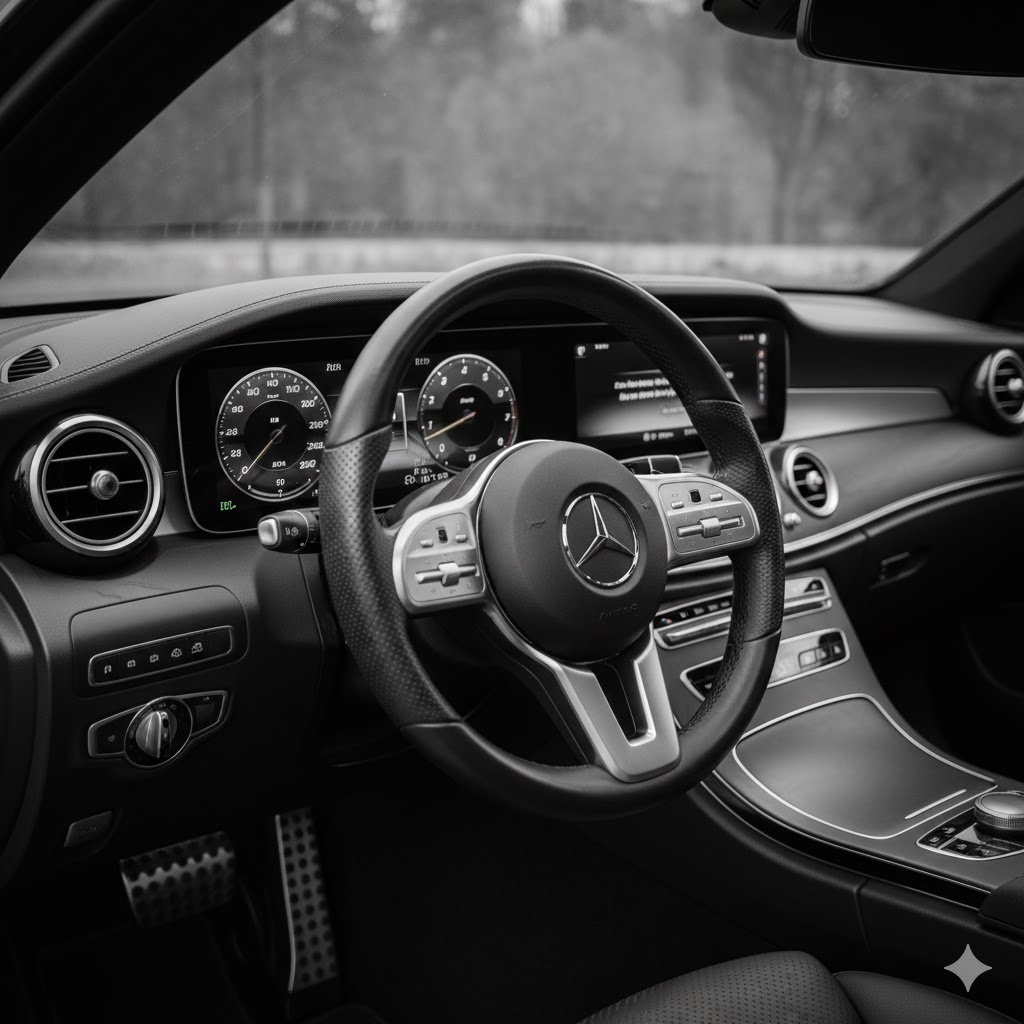 Black and white photo of a luxury car interior focusing on steering wheel and dashboard.