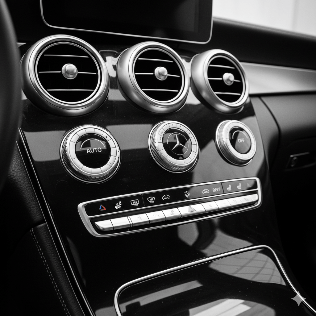 Sleek car dashboard with circular air vents and climate controls.