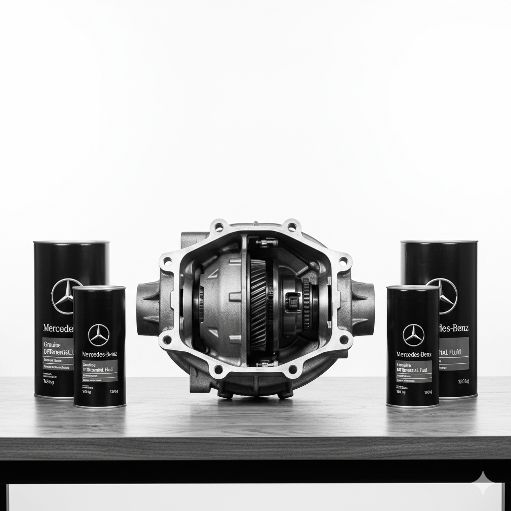 Mercedes-Benz differential and lubricants on display.