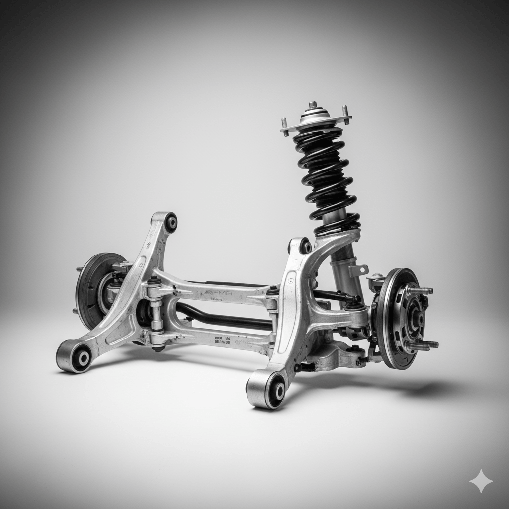 Black and white image of a car suspension system with coil springs.