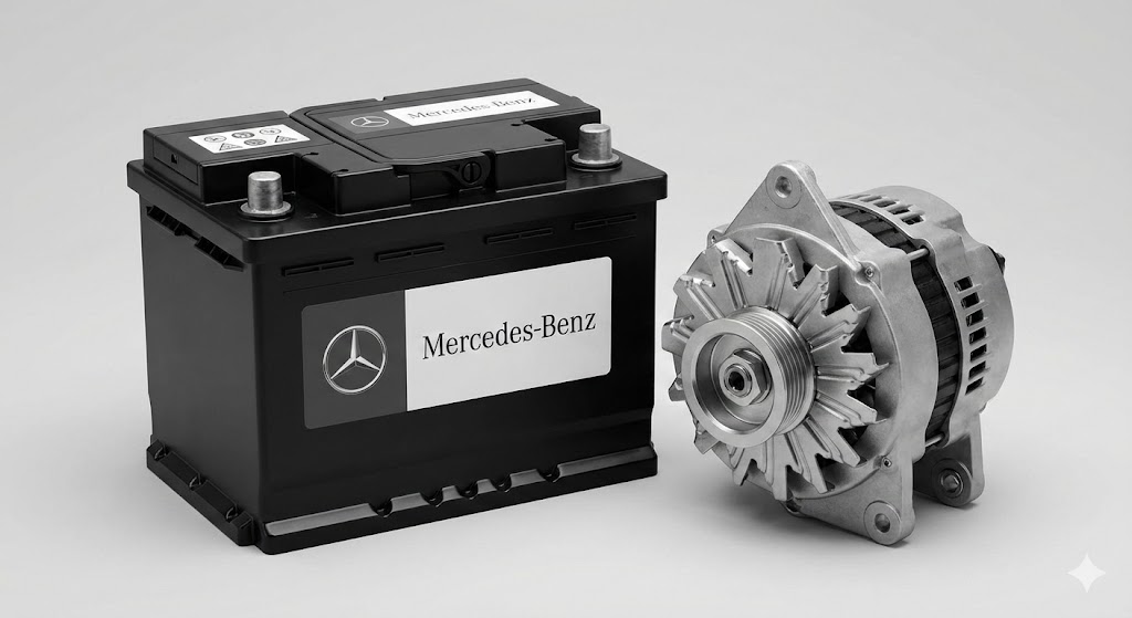 Mercedes-Benz car battery and alternator side by side.