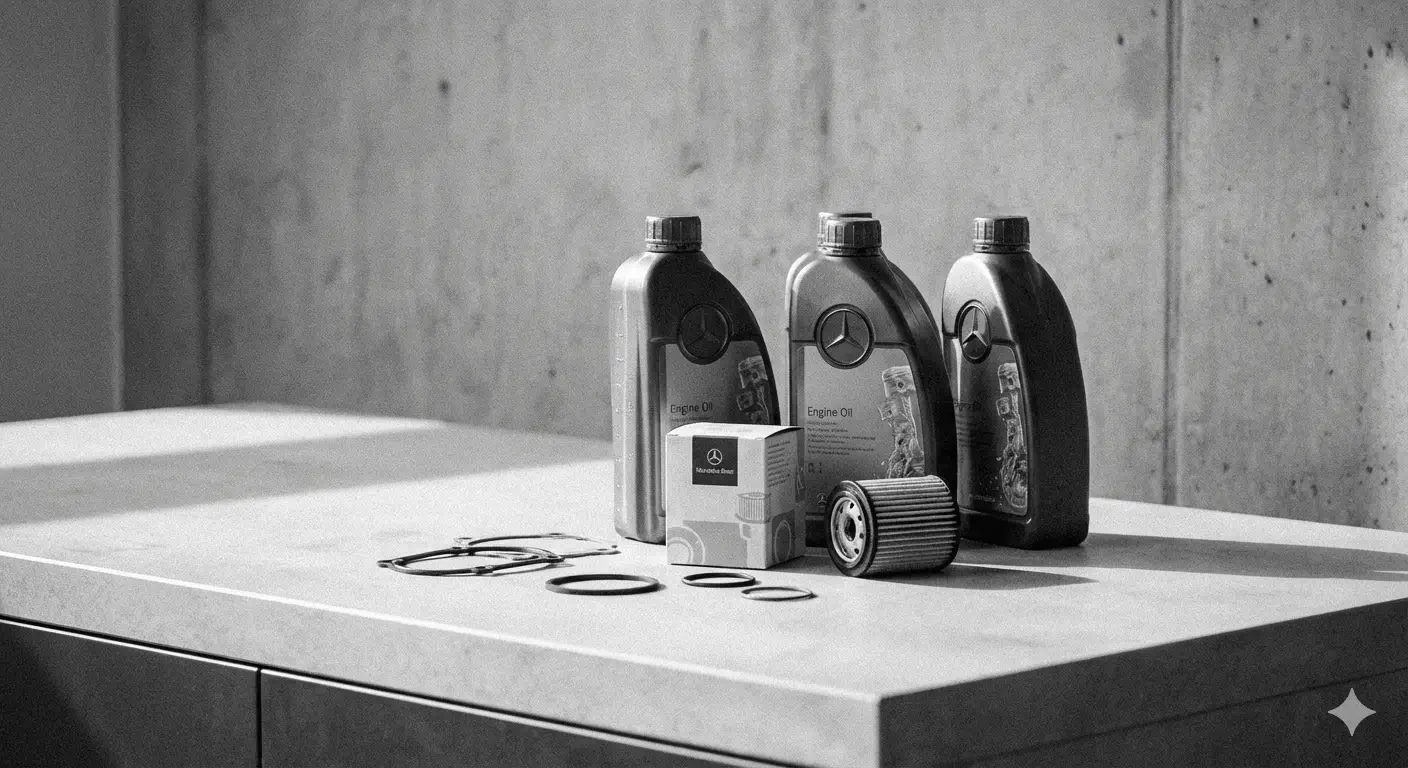 Motor oil containers and vehicle parts on a table in a workshop.