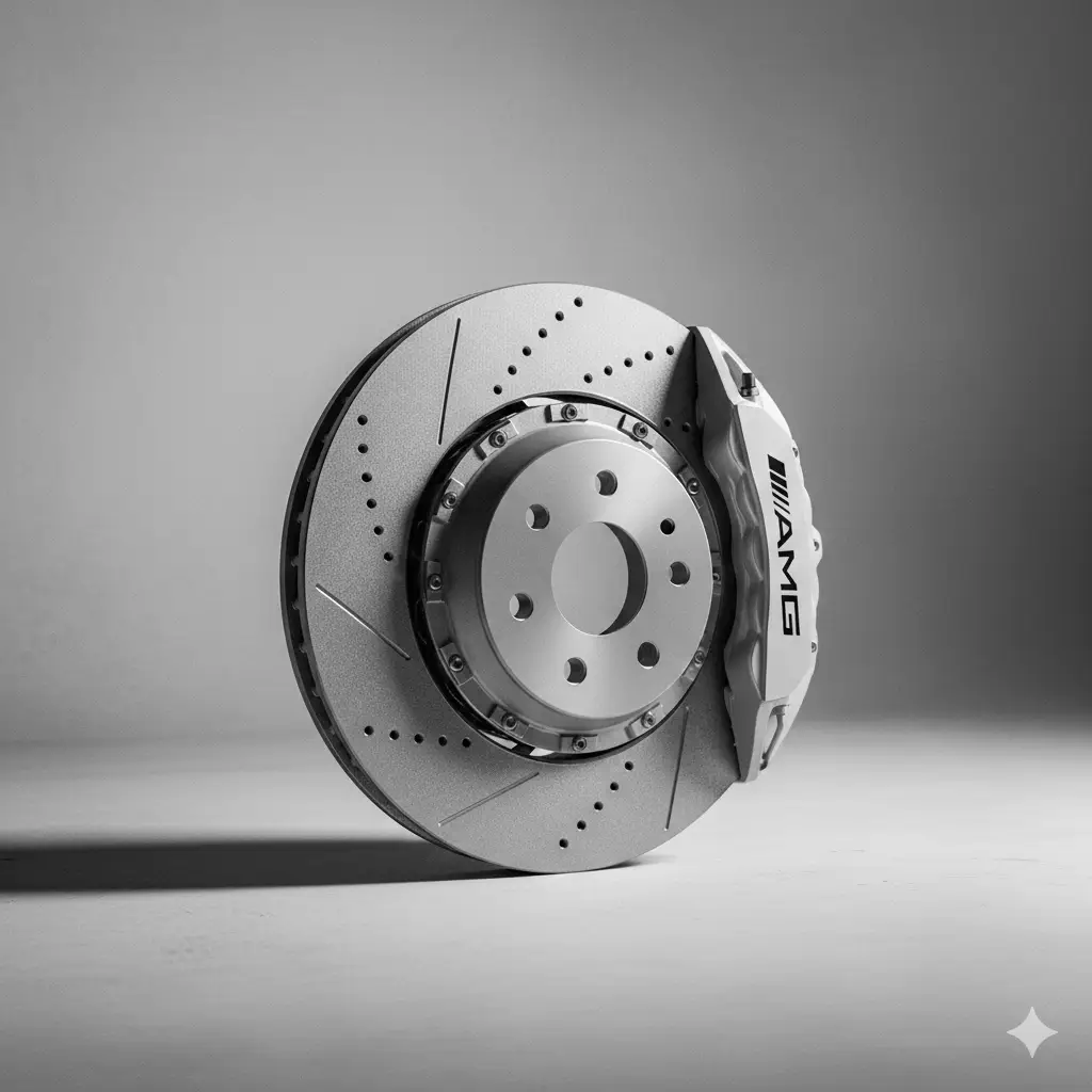 Close-up of a drilled and slotted brake disc with a caliper.