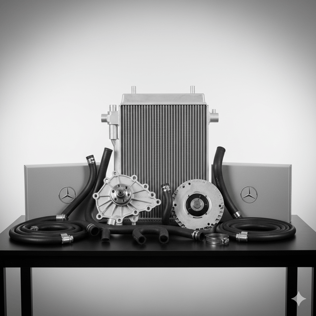 A black table with two Mercedes-Benz speaker boxes, a flower bouquet, and mechanical parts.